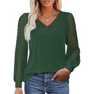 XL Puff Sleeve, Long Sleeve, V Neck Blouse with Dot Detail on Sleeves